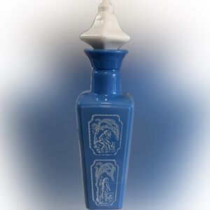 Vintage one 1960s Empty JB Blue Milk Glass Decanter w/stop­per Shepherd and Dog